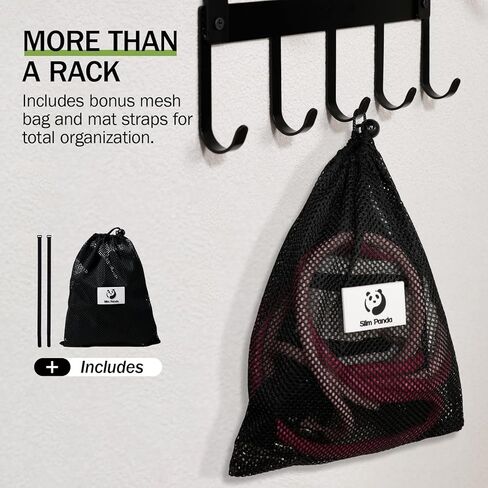 حامل بساط اليوجا النحيف الباندا مع حقيبة شبكية، رف تخزين ملحقات اليوجا، منظم صالة الألعاب الرياضية المنزلية مع رف معدني عائم و5 خطافات لتعليق سجادات اليوجا، وبكرة إسفنجية، وأشرطة مقاومة in Kuwait