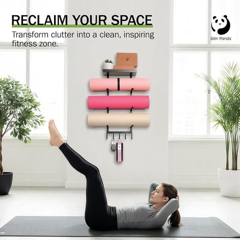 حامل بساط اليوجا النحيف الباندا مع حقيبة شبكية، رف تخزين ملحقات اليوجا، منظم صالة الألعاب الرياضية المنزلية مع رف معدني عائم و5 خطافات لتعليق سجادات اليوجا، وبكرة إسفنجية، وأشرطة مقاومة in Kuwait