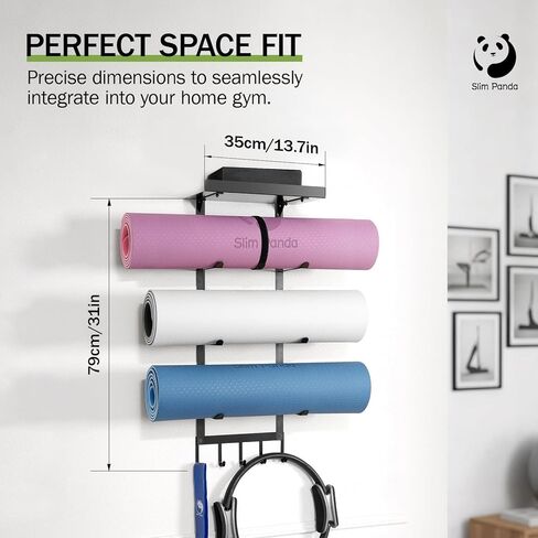 حامل بساط اليوجا النحيف الباندا مع حقيبة شبكية، رف تخزين ملحقات اليوجا، منظم صالة الألعاب الرياضية المنزلية مع رف معدني عائم و5 خطافات لتعليق سجادات اليوجا، وبكرة إسفنجية، وأشرطة مقاومة in Kuwait