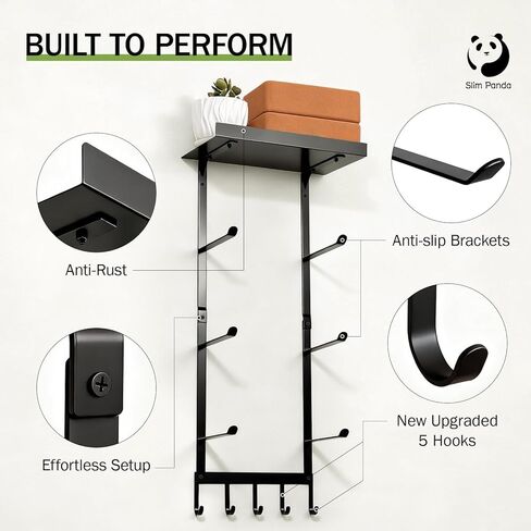حامل بساط اليوجا النحيف الباندا مع حقيبة شبكية، رف تخزين ملحقات اليوجا، منظم صالة الألعاب الرياضية المنزلية مع رف معدني عائم و5 خطافات لتعليق سجادات اليوجا، وبكرة إسفنجية، وأشرطة مقاومة in Kuwait