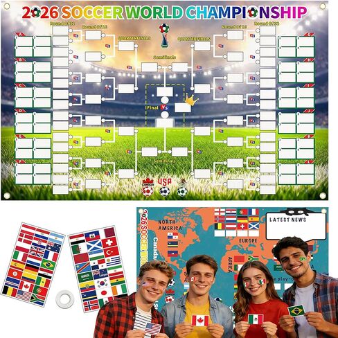 ملصق جدول كأس العالم لكرة القدم 2026 من Cuteiush ومخطط جداري - قماش حاجب للضوء مقاس 23 × 33 بوصة مع ملصقات أعلام وطنية قابلة لإعادة الاستخدام، متتبع مرحلة المجموعات المكونة من 48 فريقًا، ديكور حفلات كرة القدم in Kuwait