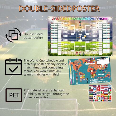 ملصق جدول كأس العالم لكرة القدم 2026 من Cuteiush ومخطط جداري - قماش حاجب للضوء مقاس 23 × 33 بوصة مع ملصقات أعلام وطنية قابلة لإعادة الاستخدام، متتبع مرحلة المجموعات المكونة من 48 فريقًا، ديكور حفلات كرة القدم in Kuwait