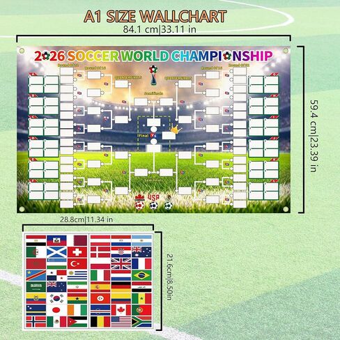 ملصق جدول كأس العالم لكرة القدم 2026 من Cuteiush ومخطط جداري - قماش حاجب للضوء مقاس 23 × 33 بوصة مع ملصقات أعلام وطنية قابلة لإعادة الاستخدام، متتبع مرحلة المجموعات المكونة من 48 فريقًا، ديكور حفلات كرة القدم in Kuwait