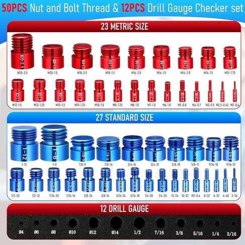 62 Pcs (50+12pcs) Thread Checker & Drill Checker, Nut and Bolt Threads Checkers, 27 Inch & 23 Metric Thread Gauge & 12 Drill Gauge Kit, nut Bolt Size Finder Checkers box for Quickly Identify in Saudi Arabia