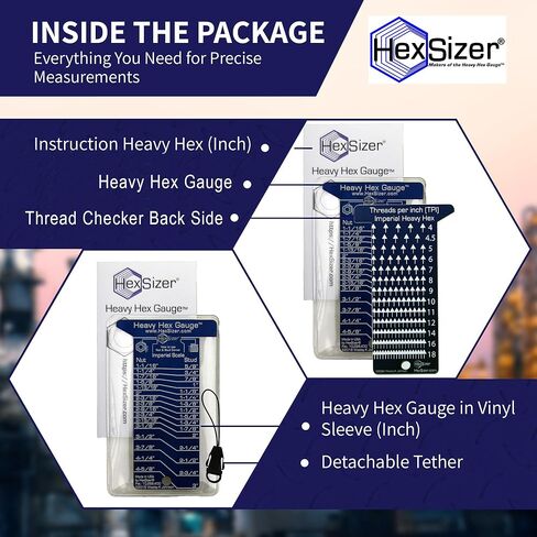 HexSizer Heavy Hex Nut, Bolt & Stud Gauge Tool & Thread Pitch Checker Set - Thread Measuring Gauge Set, Compact, Durable Anodized Aluminum Gauge Measuring Nuts, Studs, and Bolts - Inch Measurement in Kuwait