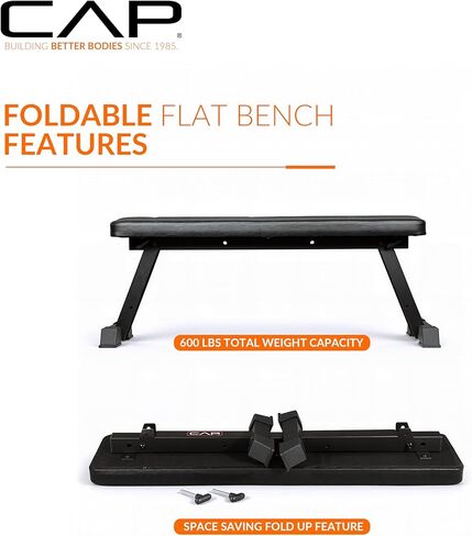 CAP Barbell Foldable Flat Weight Bench | Folding Workout Bench with Steel Frame, Thick Box-Stitched Padding & 600 LB Capacity | Compact Home Gym Strength Training Bench in Saudi Arabia