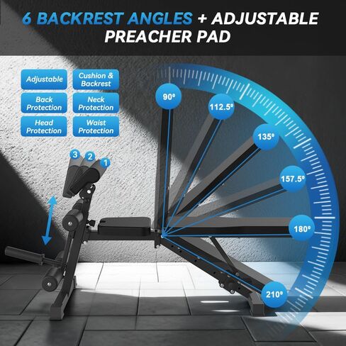 مقعد وزن قابل للتعديل مع وسادة تجعيد وواضع ومطور للساق، مقعد تدريب القوة متعدد الوظائف لصالة الألعاب الرياضية المنزلية، مقعد تمرين مائل/منخفض/مسطح لتمرين الجسم بالكامل in Kuwait