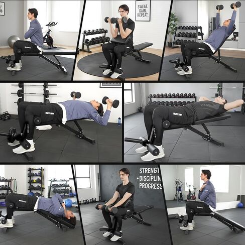 مقعد وزن قابل للتعديل مع وسادة تجعيد وواضع ومطور للساق، مقعد تدريب القوة متعدد الوظائف لصالة الألعاب الرياضية المنزلية، مقعد تمرين مائل/منخفض/مسطح لتمرين الجسم بالكامل in Kuwait