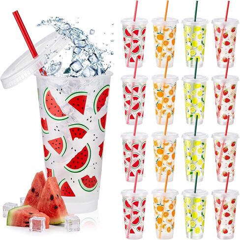 Chuangdi 12 Set 24 Oz Fruit Party Cups Reusable Plastic Cups with Lids and Straws Summer Red Watermelon Strawberry Lemon Orange Cold Beverage Drinking Container for Fruit Birthday Party Supplies in Saudi Arabia