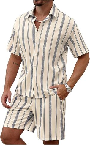 Floerns Men's 2 Piece Vacation Outfit Striped Button Down Shirts and Summer Shorts Tracksuit Set in Saudi Arabia
