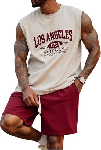 WDIRARA Men's Athletic 2 Piece Outfit Letter Graphic Tank Shorts Set Tracksuit Red X-Large in Saudi Arabia