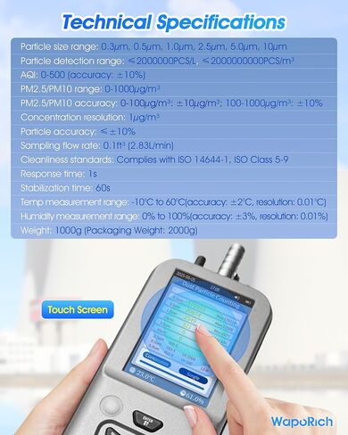 Dust Particle Counter, WapoRich PM2.5 PM10 Particle Counter Meter with Tuya APP, Detects 0.3/0.5/1.0/2.5/5.0/10µm, AQI Air Quality Monitor w/Temp & Humidity for Indoor Cleanroom in Kuwait