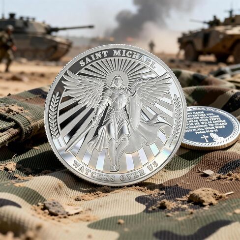 Saint Michael Watches Over Us Challenge Coin – Zinc Alloy Commemorative Coin – 3D Engraved Pocket Token Medallion for Collectors – Veterans Law Enforcement Military Police First Responder Gift in Kuwait