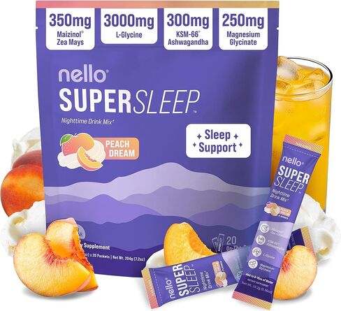 Nello Supersleep, Nighttime Sleep Support Drink Mix, Ashwagandha, Maizinol, L-Glycine, Magnesium Glycinate, Peach Dream (Pack of 20) in Saudi Arabia