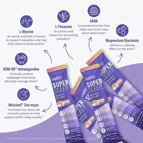Nello Supersleep, Nighttime Sleep Support Drink Mix, Ashwagandha, Maizinol, L-Glycine, Magnesium Glycinate, Peach Dream (Pack of 20) in Saudi Arabia