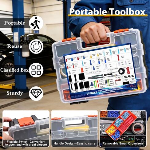 1180 قطعة مجموعة أطراف موصلات الأسلاك مع قاطع الأسلاك وزردية تجعيد ومفك براغي اختبار الجهد الكهربي ومفك براغي أنابيب الانكماش الحراري وموصلات الكابلات الكهربائية المتنوعة وشوكة المجرف بحلقة مؤخرة ذكر/أنثى in Kuwait