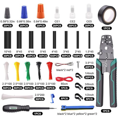 1180 قطعة مجموعة أطراف موصلات الأسلاك مع قاطع الأسلاك وزردية تجعيد ومفك براغي اختبار الجهد الكهربي ومفك براغي أنابيب الانكماش الحراري وموصلات الكابلات الكهربائية المتنوعة وشوكة المجرف بحلقة مؤخرة ذكر/أنثى in Kuwait