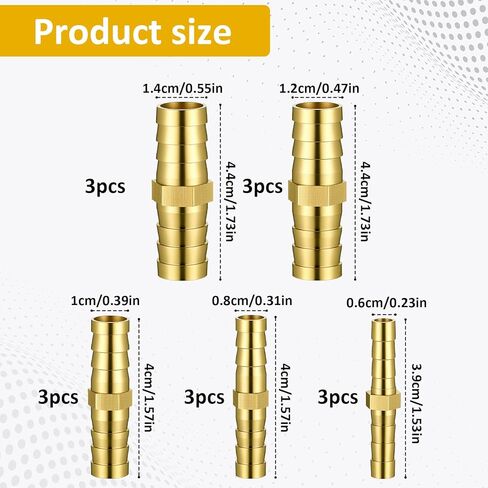 Barbed Hose Fittings, 15PCS 5 Sizes Brass Hose Barb Fitting 1/4" 5/16" 3/8" 1/2" 9/16" (6 mm/8 mm/10 mm/12 mm/14mm) Barb Metals Splicer Mender Fittings for Air, Fuel, Water, Oil Hoses in Saudi Arabia