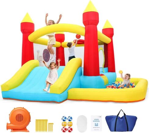 Bounce House مع Blower & Slide ، (10 أقدام × 10 قدم × 7 قدمًا) قلعة نطاط الأطفال للعب الداخلي/الخارجي ، وحفلات أعياد الميلاد ، منزل ترتد الفناء الخلفي للأطفال 3-6 ، Jump House for Toddlers in Saudi Arabia