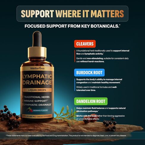 Lymphatic Drainage Supplement - Organic Liquid Drops for Lymphatic Support & Detox - 8-in-1 Herbal Blend - Lymphatic Cleanse Complex with Burdock, Dandelion, Elderberry - 2 fl oz in Saudi Arabia