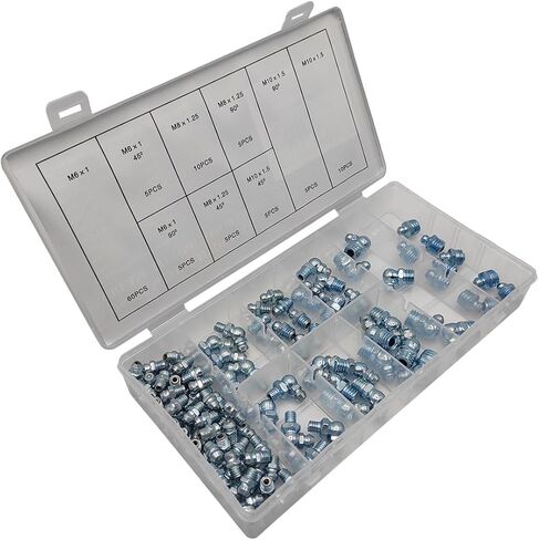 110PCS Grease Nipples Kit Metric M6 M8 M10 Straight 90° 45° Zinc Plated for Machinery Excavator DIN 71412 in Kuwait