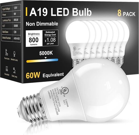 TJOY 6 حزمة مصابيح LED 60 وات مكافئة، ضوء النهار الأبيض 5000K A19، كفاءة 9W، E26 قاعدة قياسية، 800 LM مصابيح موفرة للطاقة للمنزل وغرفة النوم وغرفة المعيشة والمكتب، غير قابلة للتعتيم، مدرجة في قائمة UL in Kuwait