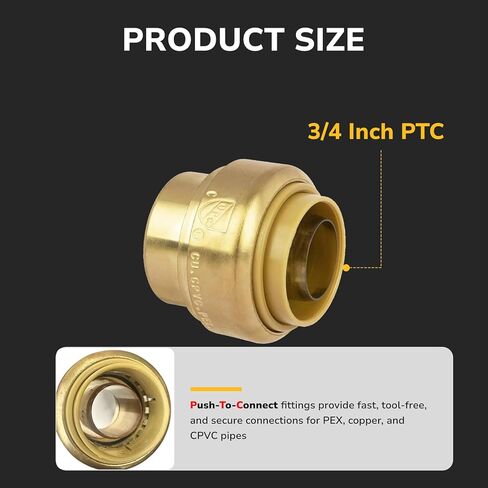 3/4" Push Fit End Cap, Push to Connect Brass Plumbing Fitting, Durable Push Cap With Upgraded Stiffener for Copper, CPVC, PEX Pipes, Disconnect Clip Included, NSF & UPC Certified, 2 Pack in Kuwait