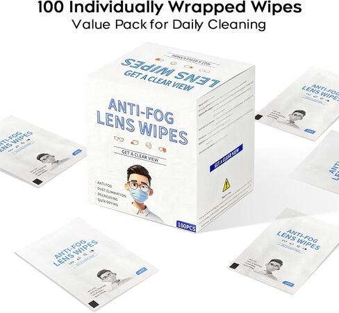 Anti-Fog Lens Cleaning Wipes for Eyeglasses, 100 Count Individually Wrapped, Large 12 x 15 cm Eyeglass Cleaner Wipes, Streak-Free & Fast Dry, Safe for Glasses, Sunglasses, Phone, Camera Lens in Saudi Arabia
