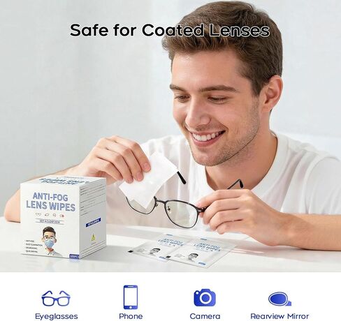 Anti-Fog Lens Cleaning Wipes for Eyeglasses, 100 Count Individually Wrapped, Large 12 x 15 cm Eyeglass Cleaner Wipes, Streak-Free & Fast Dry, Safe for Glasses, Sunglasses, Phone, Camera Lens in Saudi Arabia