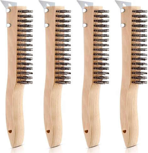 4 قطع فرشاة خدش سلكية من الفولاذ المقاوم للصدأ مع مكشطة معدنية للتنظيف، فرشاة فولاذية بمقبض خشبي مقاس 11 بوصة، أداة إزالة الشعيرات الصلبة شديدة التحمل لتنظيف طلاء خبث اللحام الصدأ in Kuwait