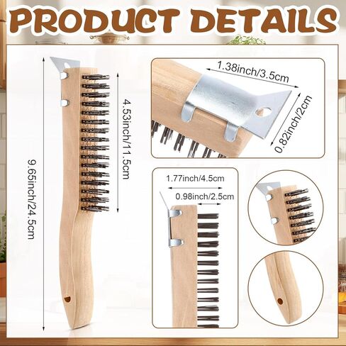 4 قطع فرشاة خدش سلكية من الفولاذ المقاوم للصدأ مع مكشطة معدنية للتنظيف، فرشاة فولاذية بمقبض خشبي مقاس 11 بوصة، أداة إزالة الشعيرات الصلبة شديدة التحمل لتنظيف طلاء خبث اللحام الصدأ in Kuwait