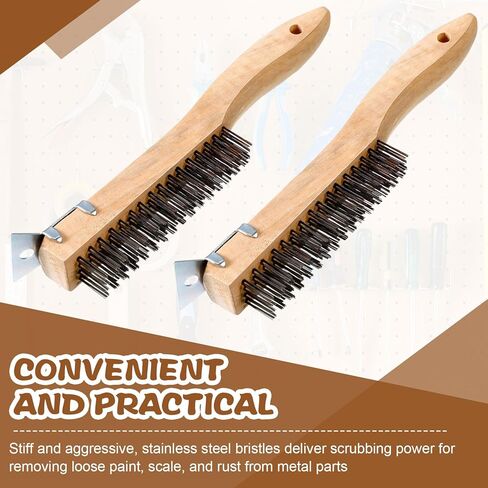 4 قطع فرشاة خدش سلكية من الفولاذ المقاوم للصدأ مع مكشطة معدنية للتنظيف، فرشاة فولاذية بمقبض خشبي مقاس 11 بوصة، أداة إزالة الشعيرات الصلبة شديدة التحمل لتنظيف طلاء خبث اللحام الصدأ in Kuwait