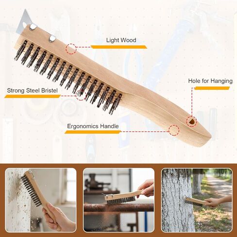 4 قطع فرشاة خدش سلكية من الفولاذ المقاوم للصدأ مع مكشطة معدنية للتنظيف، فرشاة فولاذية بمقبض خشبي مقاس 11 بوصة، أداة إزالة الشعيرات الصلبة شديدة التحمل لتنظيف طلاء خبث اللحام الصدأ in Kuwait