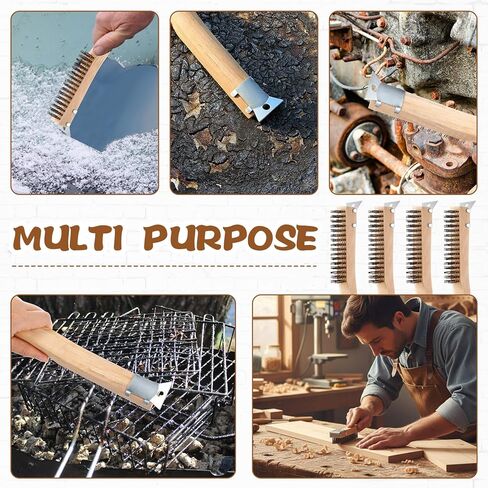 4 قطع فرشاة خدش سلكية من الفولاذ المقاوم للصدأ مع مكشطة معدنية للتنظيف، فرشاة فولاذية بمقبض خشبي مقاس 11 بوصة، أداة إزالة الشعيرات الصلبة شديدة التحمل لتنظيف طلاء خبث اللحام الصدأ in Kuwait