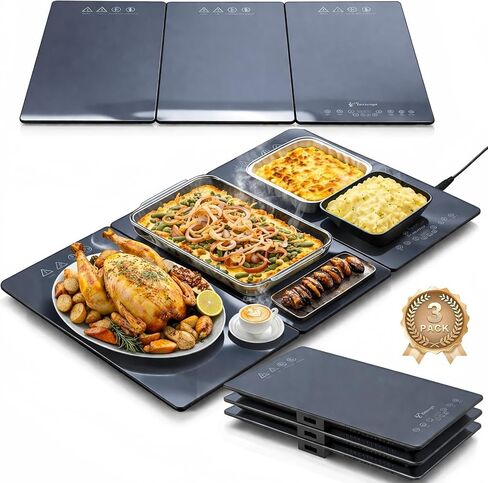 3-in-1 Electric Food Warming Tray for Buffet Parties, 25" x 15" Modular Food Warmer with 17 Heat Levels & 12H Timer, Glass Warming Mat Hot Plate for Family Dinners Catering Gatherings in Saudi Arabia