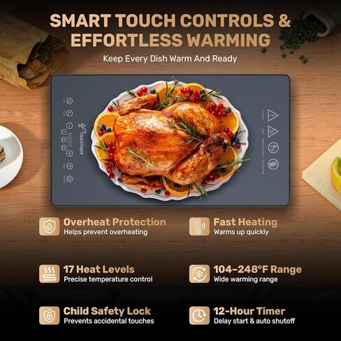 3-in-1 Electric Food Warming Tray for Buffet Parties, 25" x 15" Modular Food Warmer with 17 Heat Levels & 12H Timer, Glass Warming Mat Hot Plate for Family Dinners Catering Gatherings in Saudi Arabia