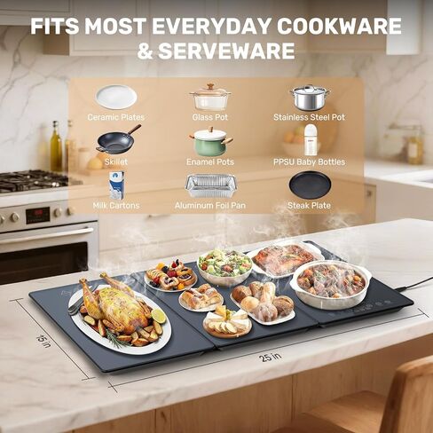 3-in-1 Electric Food Warming Tray for Buffet Parties, 25" x 15" Modular Food Warmer with 17 Heat Levels & 12H Timer, Glass Warming Mat Hot Plate for Family Dinners Catering Gatherings in Saudi Arabia