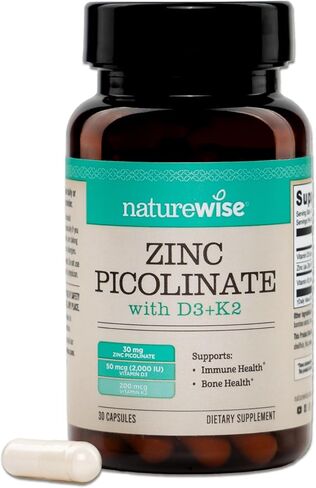بيكولينات الزنك من NatureWise مع D3 + K2 - مكملات الزنك للرجال والنساء + فيتامين D3 K2 - يدعم صحة المناعة والعظام* - غير معدّل وراثيًا، خالي من الغلوتين، تم تصنيعه في الولايات المتحدة الأمريكية - 30 كبسولة [كمية تكفي لمدة 30 يومًا] in Kuwait