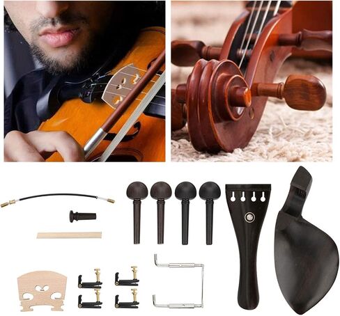 طقم ترقية قطعة ذيل الكمان 15 قطعة 4/4، قطعة ذيل من خشب الأبنوس وجسر خشب القيقب مع موالفات، ومسند الذقن، ودبوس النهاية وعمود الصوت، وإكسسوارات من الدرجة الاحترافية Luthier in Saudi Arabia
