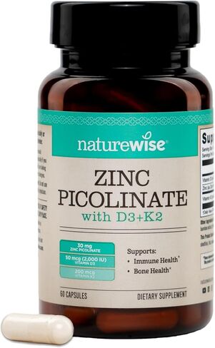 بيكولينات الزنك من NatureWise مع D3 + K2 - مكملات الزنك للرجال والنساء + فيتامين D3 K2 - يدعم صحة المناعة والعظام* - غير معدّل وراثيًا، خالي من الغلوتين، تم تصنيعه في الولايات المتحدة الأمريكية - 30 كبسولة [كمية تكفي لمدة 30 يومًا] in Saudi Arabia