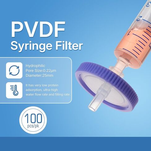 Syringe Filters PVDF Membrane - 25 mm Membrane Diameter,0.22 um Pore Size,Pack of 100 in Kuwait