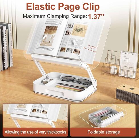 حامل كتاب أكريليك مع التخزين ، حامل كتاب قابل للتعديل للقراءة مع قواعد دوارة 360 درجة ، وقصة ناهض لسطح المكتب القابلة للطي ، ومقاطع مرنة لأجهزة الكتب الوصفية ، وأجهزة الكمبيوتر المحمولة (Clear) in Kuwait