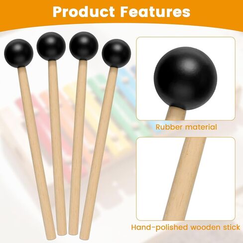 4 Pcs Rubber Mallets Percussion, 7.2 Inch Mallets with 1 Inch Rubber Heads, Perfect Warm Mellow Sound, Professional Hard Rubber Mallets for Xylophone, Glockenspiel, Vibraphone and Orchestra Bells in Kuwait