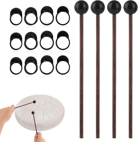 4pcs 17.5cm/6.9" Tongue Drum Mallets & 12pcs Finger Sleeves, Wooden Wood Handle Silicone Rubber Head Percussion Sticks for Glockenspiel/Woodblock/Bell/Chimes/Steel Tongue Drum Musical Instruments in Saudi Arabia