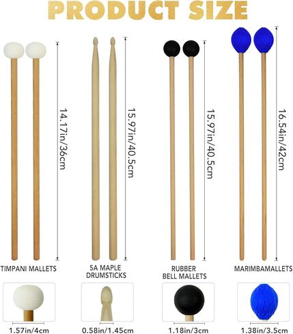 مجموعة مطارق الطبل، 4 أزواج (طبلة اللباد + المطاط + الماريمبا + 5A) مع حقيبة تخزين، ملحقات أدوات الإيقاع للطبل الفولاذي، طبلة الجهير، الغلوكنسبيل، مطرقة إكسيليفون in Kuwait