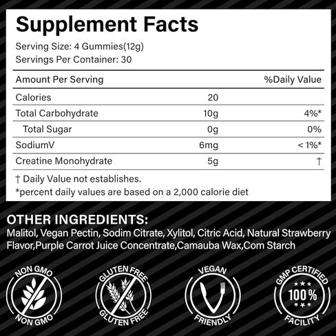 Creatine Monohydrate Gummies for Men & Women, 5g Creatine Monohydrate for Muscle Strength, Muscle Builder, Energy Boost, Pre-Workout Supplement, Natural Strawberry Flavor, Sugar-Free (120 Count) in Kuwait