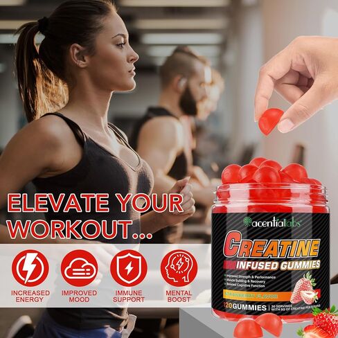 Creatine Monohydrate Gummies for Men & Women, 5g Creatine Monohydrate for Muscle Strength, Muscle Builder, Energy Boost, Pre-Workout Supplement, Natural Strawberry Flavor, Sugar-Free (120 Count) in Kuwait