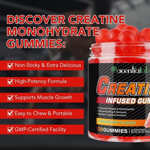 Creatine Monohydrate Gummies for Men & Women, 5g Creatine Monohydrate for Muscle Strength, Muscle Builder, Energy Boost, Pre-Workout Supplement, Natural Strawberry Flavor, Sugar-Free (120 Count) in Kuwait
