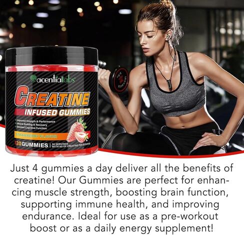 Creatine Monohydrate Gummies for Men & Women, 5g Creatine Monohydrate for Muscle Strength, Muscle Builder, Energy Boost, Pre-Workout Supplement, Natural Strawberry Flavor, Sugar-Free (120 Count) in Kuwait