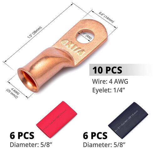 Wirefy 4 قياس 1/4 "عروات سلكية - عروات كابل نحاسية - موصلات أسلاك البطارية - أطراف حلقية - أطراف كابلات بطارية مجعدة - 10 قطع in Kuwait